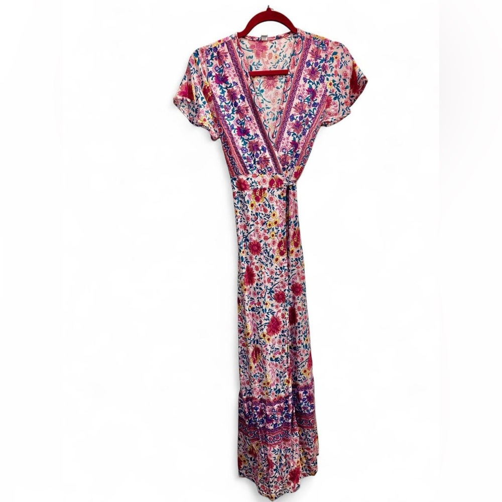Vibrant Floral Wrap Maxi Dress - Pink and multicolored